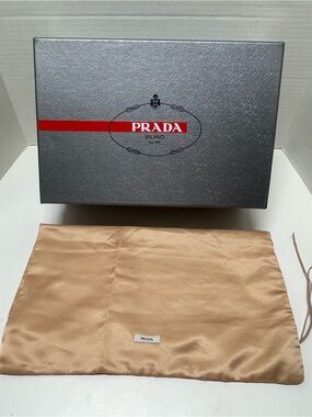 Prada One Silver Gray Shoe Box and One Beige Satin Dust Bag with Logo Tag